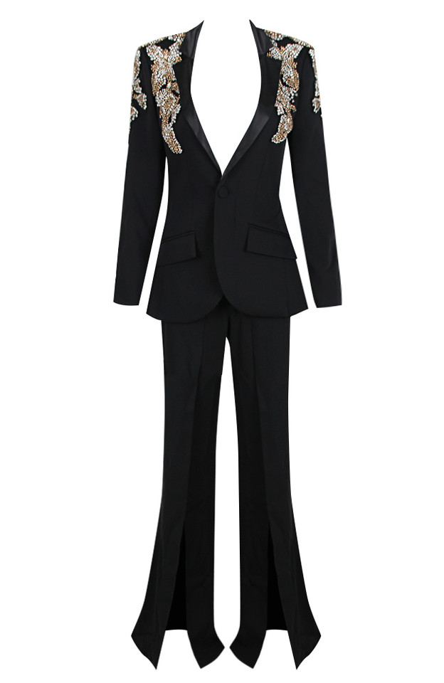 Crystal Floral Long Sleeve Suit Black