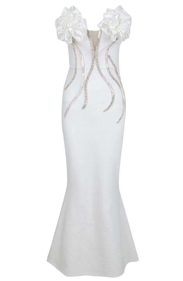 Strapless Flower Detail Crystal Mermaid Maxi Dress White