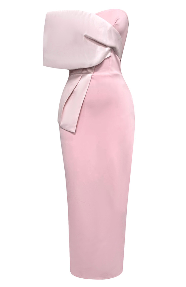 Draped Bardot Midi Dress Pink