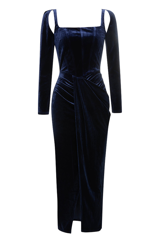 Long Sleeve Structured Draped Maxi Velvet Dress Blue