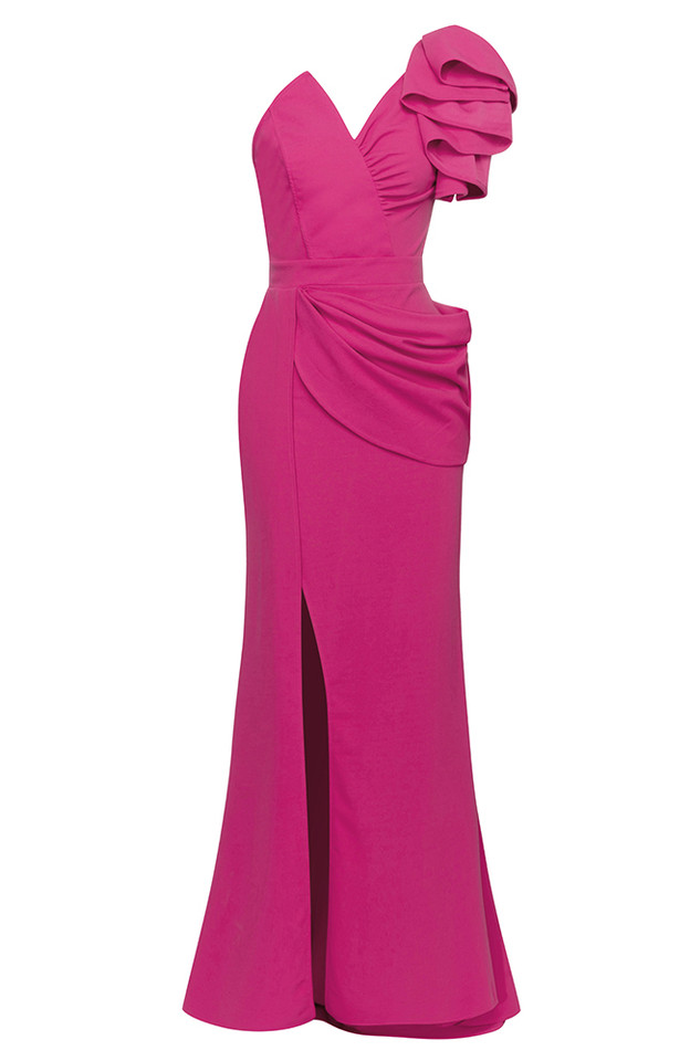 Ruffle One Shoulder Draped Maxi Dress Hot Pink