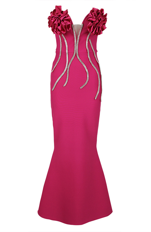 Strapless Flower Detail Crystal Mermaid Maxi Dress Hot Pink