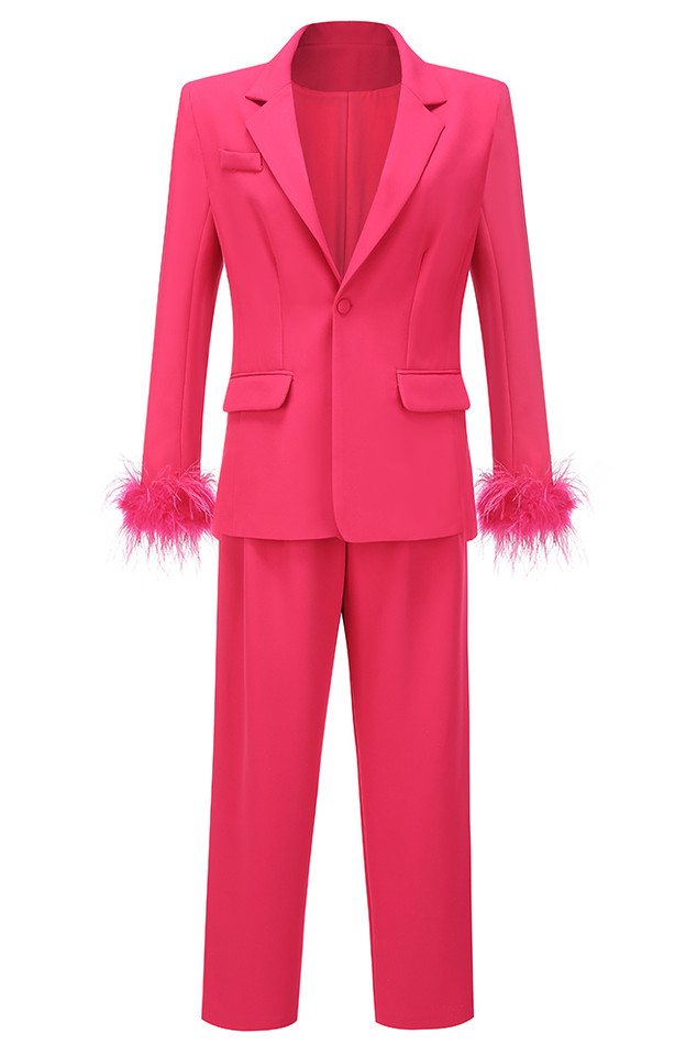 Long Sleeve Feather Detail Suit Hot Pink