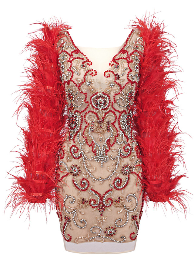 Feather Long Sleeve Crystal Dress Red