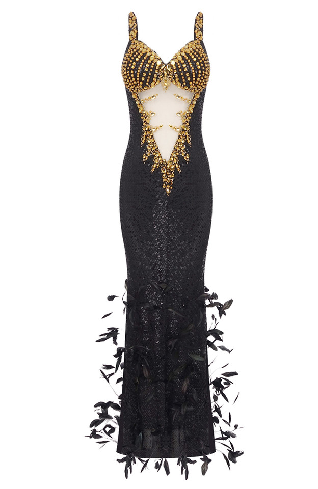 Crystal Feather Sequin Maxi Dress Black Gold