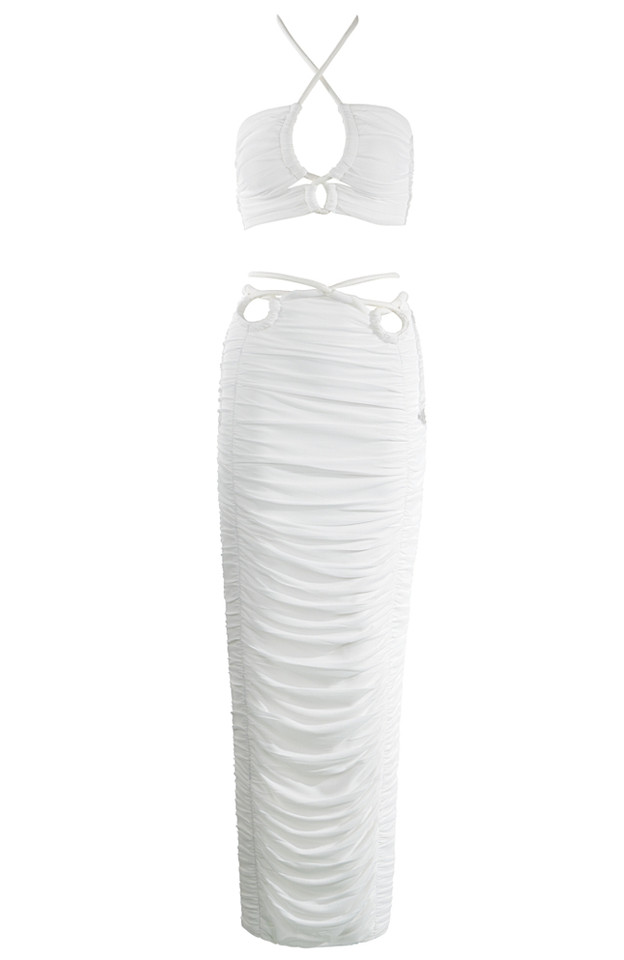 Halter Ruched Two Piece Maxi Dress White