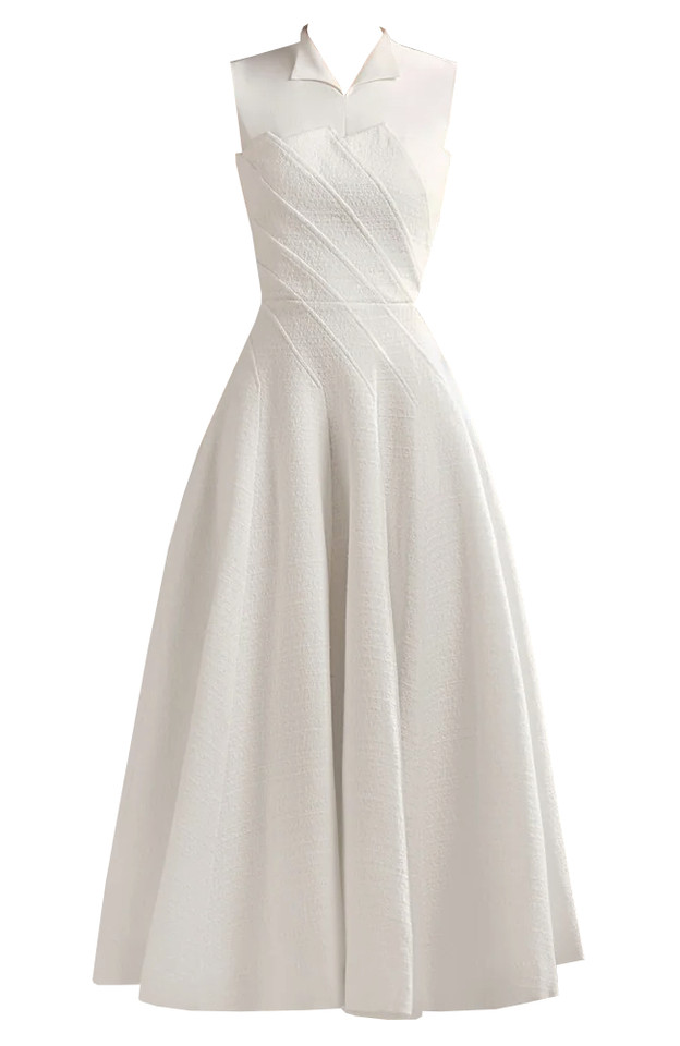 Collar Detail A Line Midi Dress Ivory White