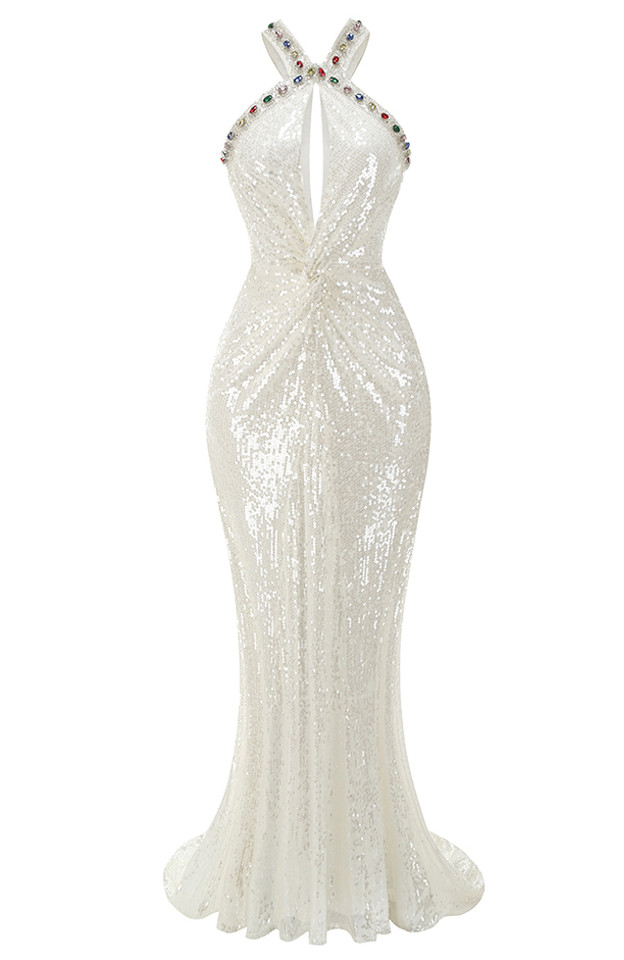 Halter Sequin Maxi Dress White