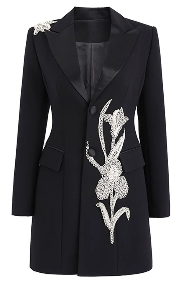 Long Sleeve Crystal Floral Blazer Black Long Sleeve Crystal Floral Blazer Black