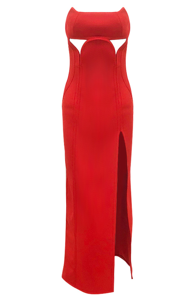 Strapless Structured Maxi Dress Red Strapless Structured Maxi Dress Red
