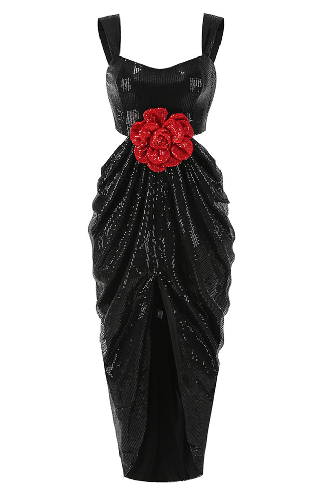 Floral Sequin Draped Maxi Dress Black Floral Sequin Draped Maxi Dress Black