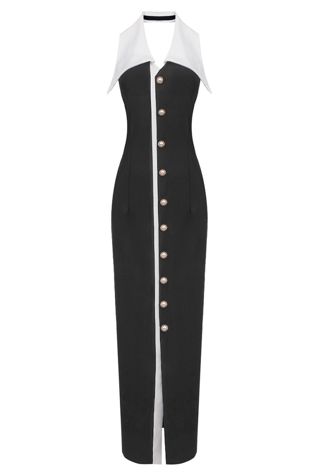 Halter Collar Maxi Dress Black White Halter Collar Maxi Dress Black White