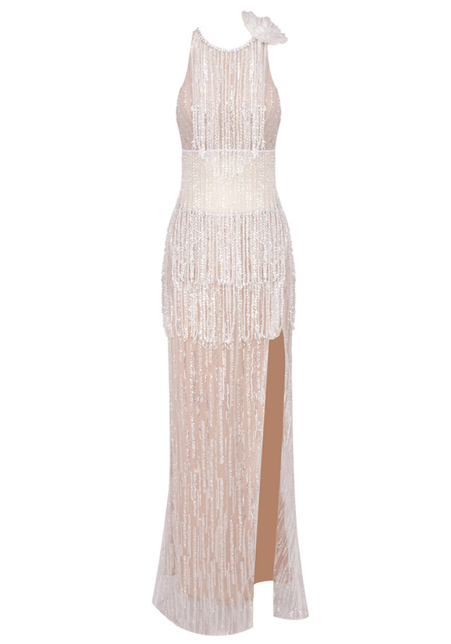 Crystal Tassel Maxi Dress Nude Crystal Tassel Maxi Dress Nude