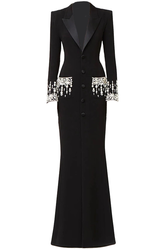 Long Sleeve Crystal Sequin Maxi Coat Dress Black Long Sleeve Crystal Sequin Maxi Coat Dress Black