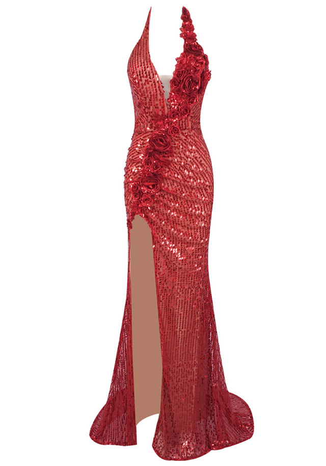 Halter Floral Detail Sequin Maxi Dress Red Halter Floral Detail Sequin Maxi Dress Red