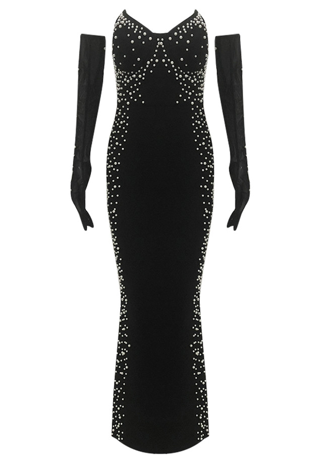 Strapless Pearl Bustier Maxi Dress Black Strapless Pearl Bustier Maxi Dress Black