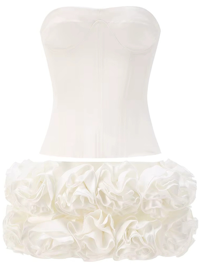 Strapless Corset Floral Ruffle Two Piece Dress White Strapless Corset Floral Ruffle Two Piece Dress White