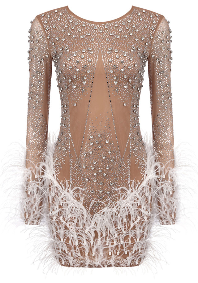 Long Sleeve Crystal Feather Dress Nude White Long Sleeve Crystal Feather Dress Nude White