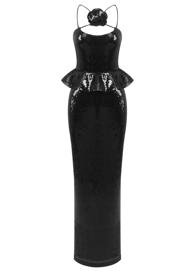 Floral Peplum Sequin Maxi Dress Black Floral Peplum Sequin Maxi Dress Black