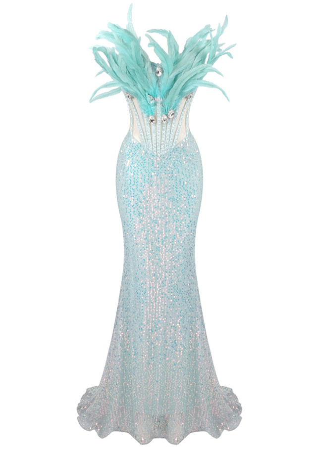 Strapless Feather Corset Sequin Maxi Dress Green Strapless Feather Corset Sequin Maxi Dress Green