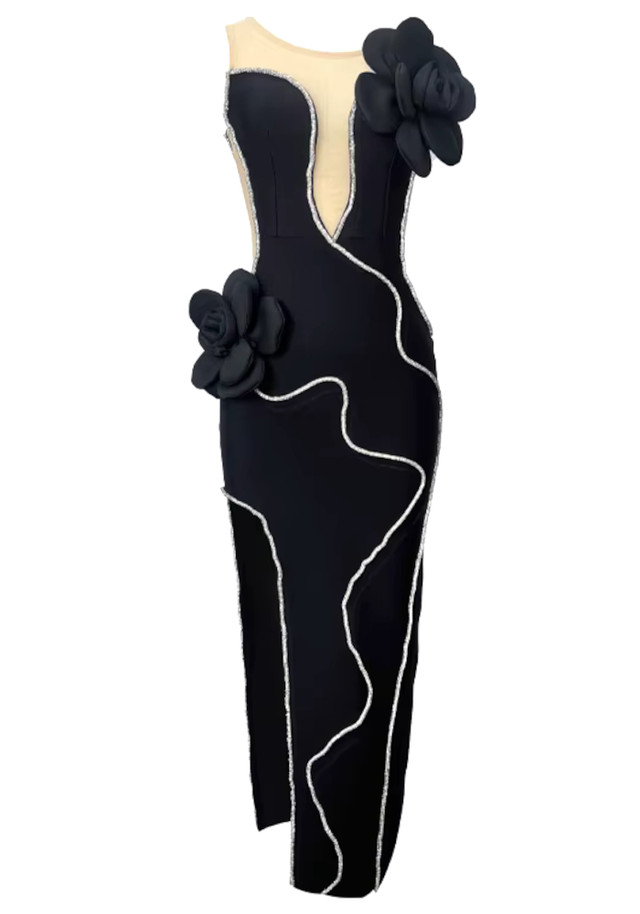 Floral Detail Crystal Trim Maxi Dress Black Floral Detail Crystal Trim Maxi Dress Black