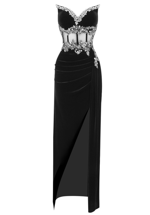 Strapless Crystal Floral Corset Maxi Velvet Dress Black Strapless Crystal Floral Corset Maxi Velvet Dress Black