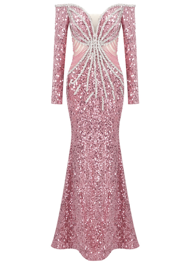 Long Sleeve Bardot Crystal Sequin Maxi Dress Pink Long Sleeve Bardot Crystal Sequin Maxi Dress Pink