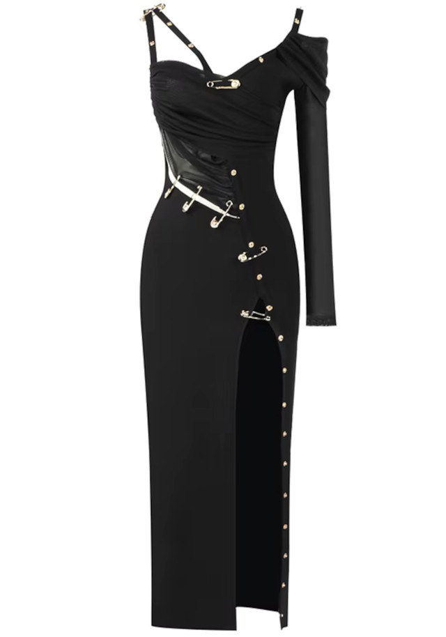 One Sleeve Safety Pin Detail Maxi Dress Black One Sleeve Safety Pin Detail Maxi Dress Black