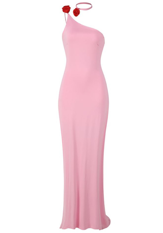 One Shoulder Floral Detail Maxi Dress Pink One Shoulder Floral Detail Maxi Dress Pink
