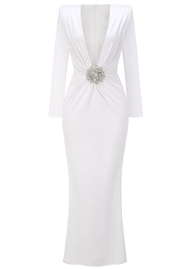 Long Sleeve Draped Embellished Maxi Dress White Long Sleeve Draped Embellished Maxi Dress White