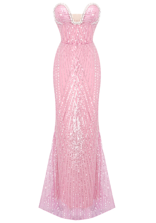 Strapless Crystal Bustier Sequin Maxi Dress Pink Strapless Crystal Bustier Sequin Maxi Dress Pink