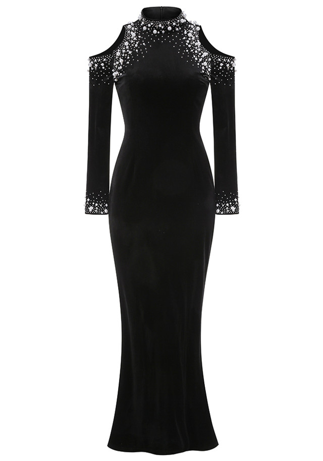 Long Sleeve Pearl Crystal Maxi Velvet Dress Black Long Sleeve Pearl Crystal Maxi Velvet Dress Black