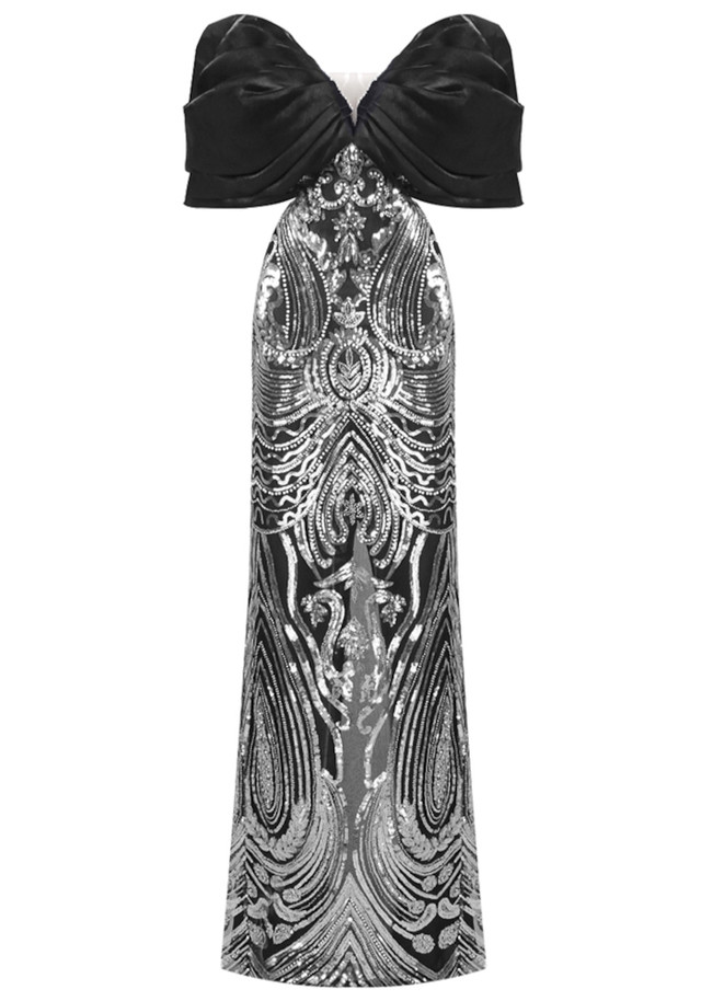 Draped Bardot Sequin Maxi Dress Black Draped Bardot Sequin Maxi Dress Black