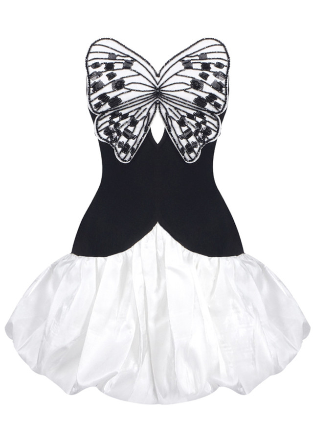 Strapless Sequin Butterfly Puff Dress Black White Strapless Sequin Butterfly Puff Dress Black White