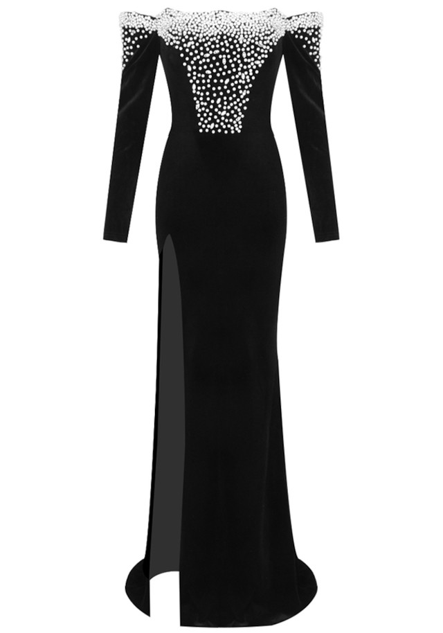Long Sleeve Bardot Pearl Maxi Velvet Dress Black Long Sleeve Bardot Pearl Maxi Velvet Dress Black