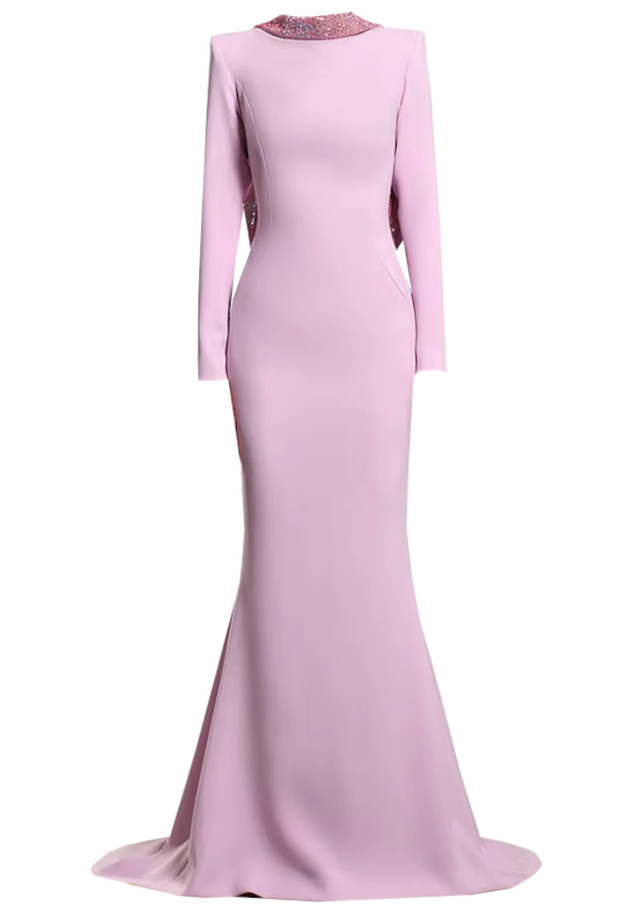 Long Sleeve Backless Crystal Flower Maxi Dress Lavender Long Sleeve Backless Crystal Flower Maxi Dress Lavender