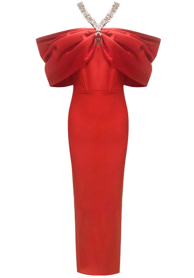 Halter Crystal Draped Bardot Maxi Dress Red Halter Crystal Draped Bardot Maxi Dress Red