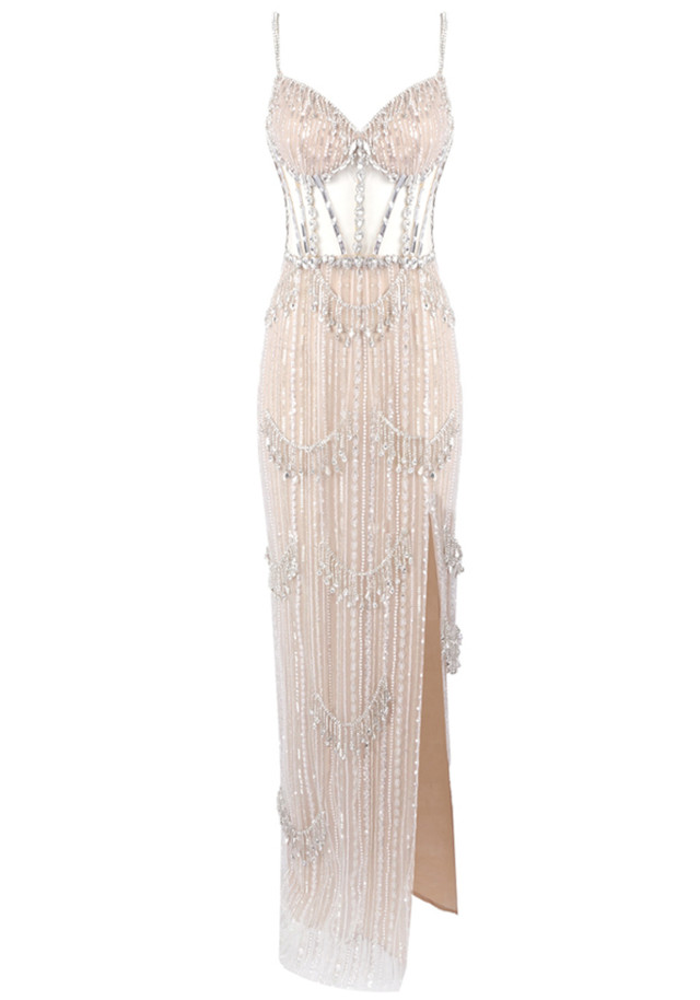 Crystal Sequin Bustier Maxi Dress Nude Crystal Sequin Bustier Maxi Dress Nude