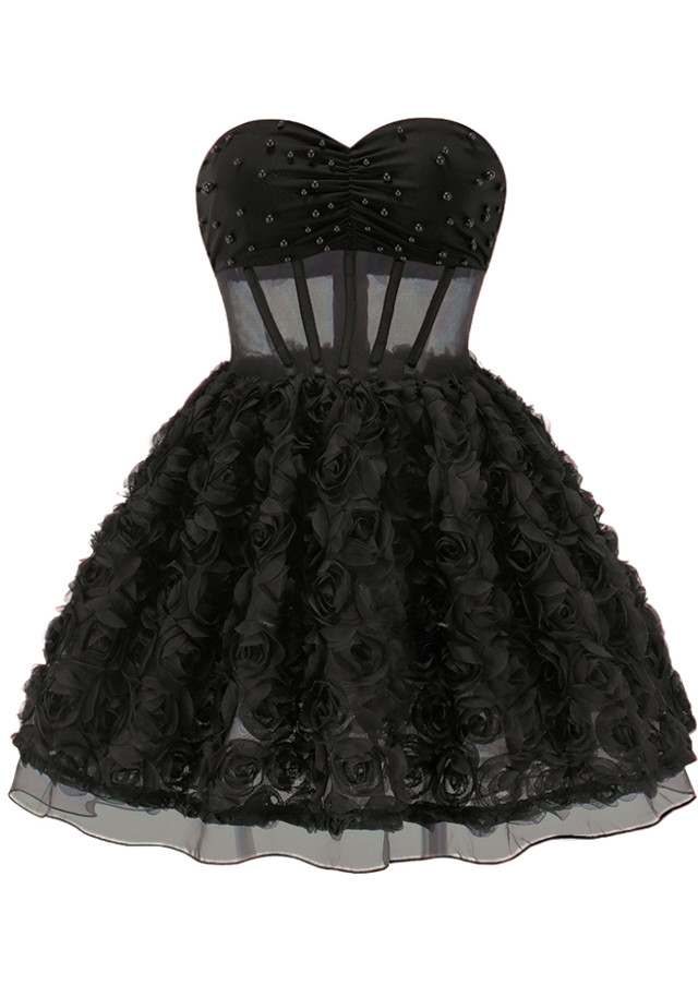 Strapless 3D Floral A Line Dress Black Strapless 3D Floral A Line Dress Black