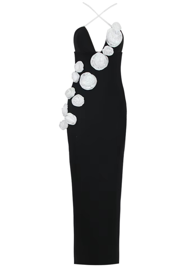 Pearl Straps Floral Maxi Dress Black White Pearl Straps Floral Maxi Dress Black White