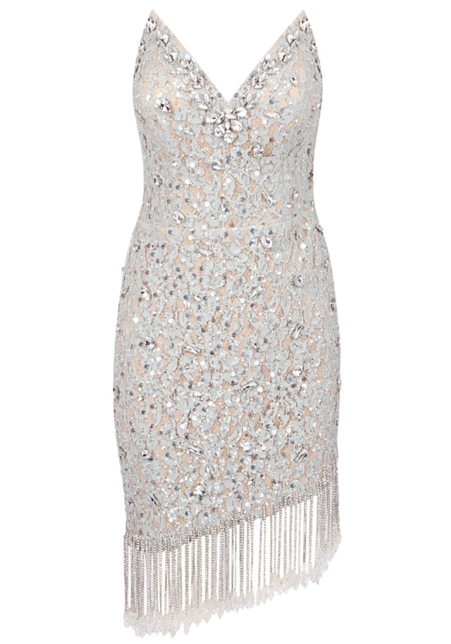 Strapless Crystal Floral Tassel Dress Silver Strapless Crystal Floral Tassel Dress Silver