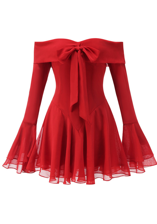 Long Sleeve Bardot A Line Dress Red Long Sleeve Bardot A Line Dress Red