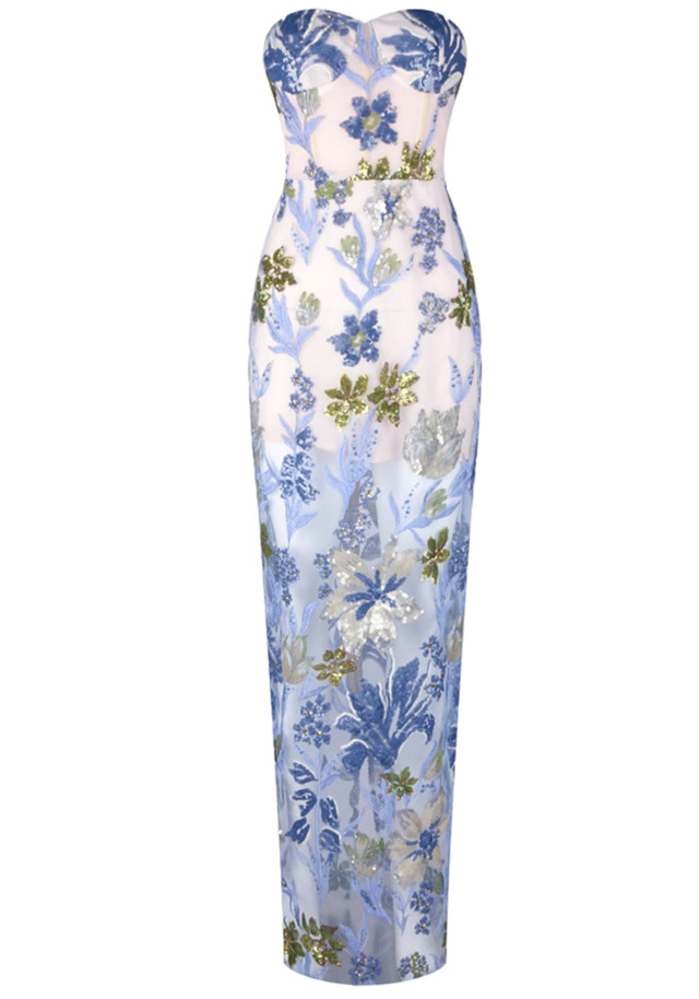 Strapless Floral Sequin Maxi Dress Blue Strapless Floral Sequin Maxi Dress Blue