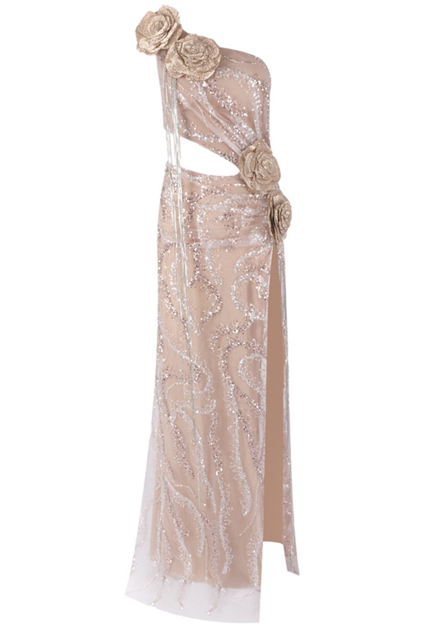 One Shoulder Floral Sequin Maxi Dress Nude One Shoulder Floral Sequin Maxi Dress Nude
