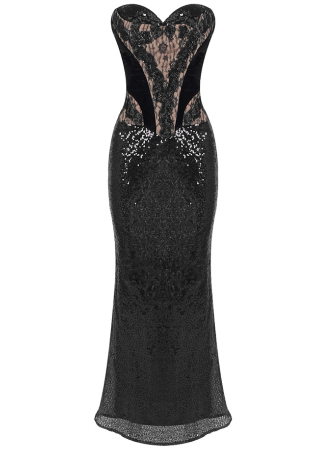 Strapless Lace Sequin Maxi Dress Black Strapless Lace Sequin Maxi Dress Black