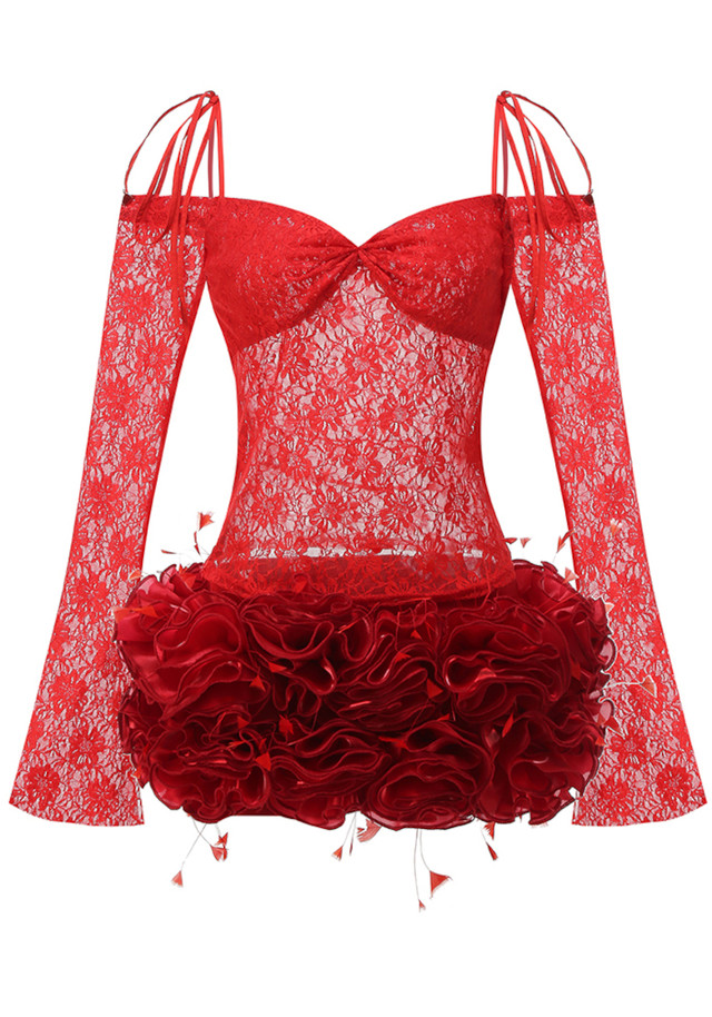 Long Sleeve Lace Floral Ruffle Dress Red Long Sleeve Lace Floral Ruffle Dress Red