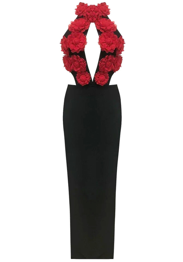 Halter Floral Cut Out Maxi Dress Black Red Halter Floral Cut Out Maxi Dress Black Red