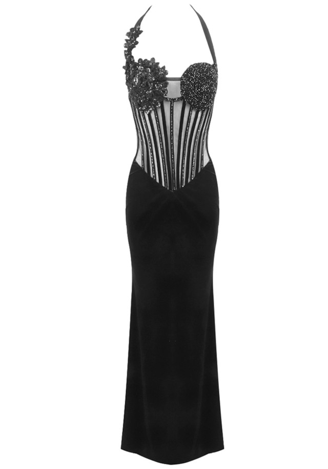 Halter Sequin Floral Corset Maxi Velvet Dress Black Halter Sequin Floral Corset Maxi Velvet Dress Black