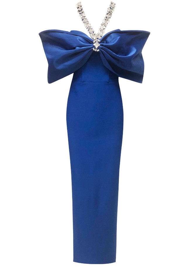Halter Crystal Draped Bardot Maxi Dress Blue Halter Crystal Draped Bardot Maxi Dress Blue