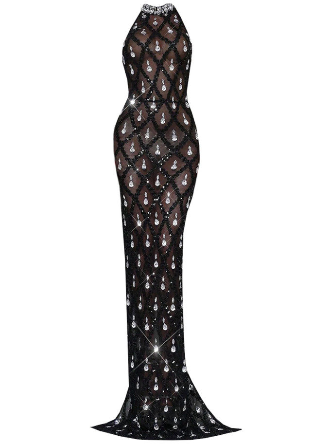 Halter Crystal Maxi Dress White Halter Crystal Maxi Dress White